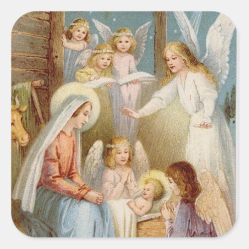 Happy Night at Bethlehem Square Stickers Glossy Square Sticker