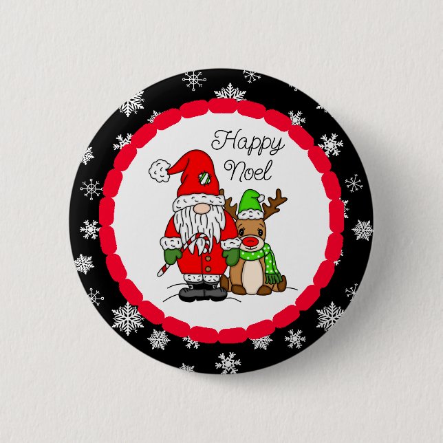 Happy Noel Gnome Santa and Reindeer Christmas   Button (Front)