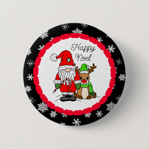 Happy Noel Gnome Santa and Reindeer Christmas   Button