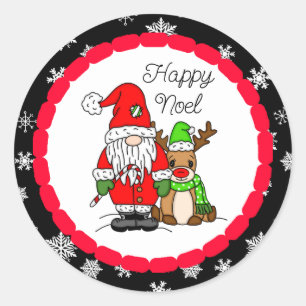 Happy Noel Gnome Santa and Reindeer Christmas Classic Round Sticker