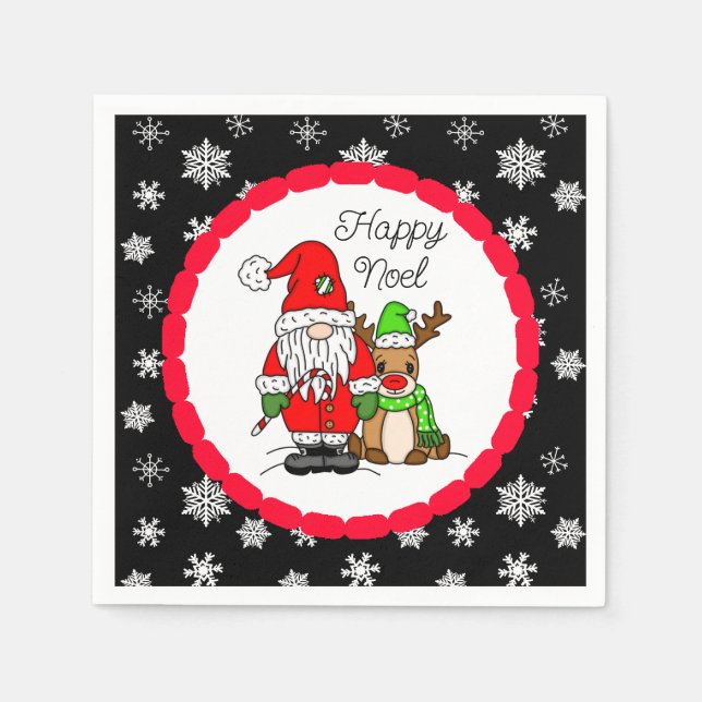 Happy Noel Gnome Santa and Reindeer Christmas  Napkins (Front)