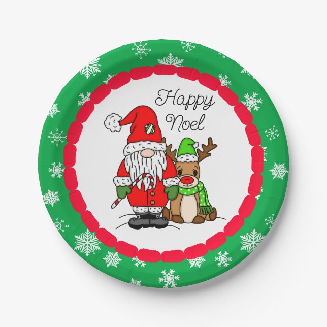 Happy Noel Gnome Santa and Reindeer Christmas    Paper Plates (Front)
