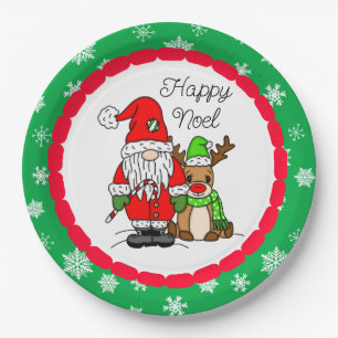 Happy Noel Gnome Santa and Reindeer Christmas Paper Plates