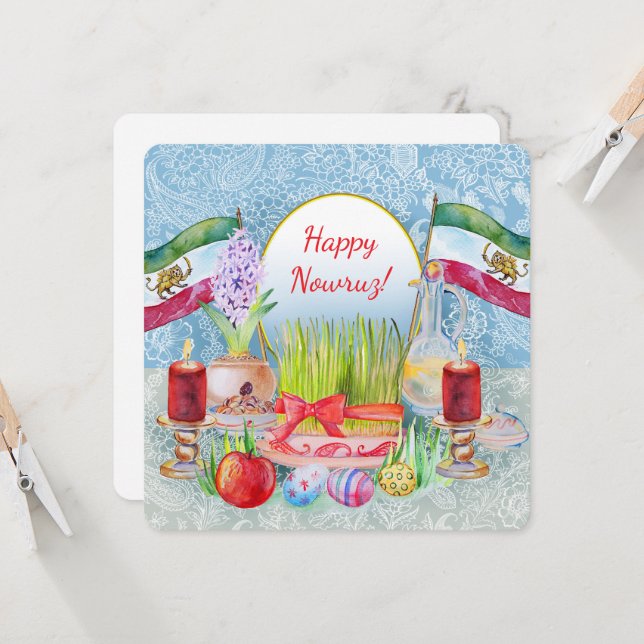 Happy Norooz Haft Sin with Lion and Sun Flags Invitation (Front/Back In Situ)