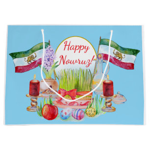 Happy Norooz Haft Sin with Lion and Sun Flags Large Gift Bag