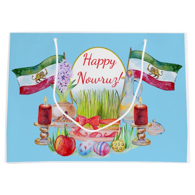 Happy Norooz Haft Sin with Lion and Sun Flags Large Gift Bag (Front)