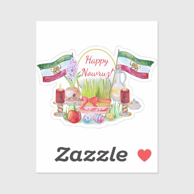 Happy Norooz Haft Sin with Lion and Sun Flags Sticker (Sheet)