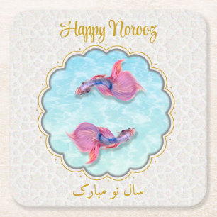 Happy Norooz Mubarak Colorful Fish Orient Pattern Square Paper Coaster