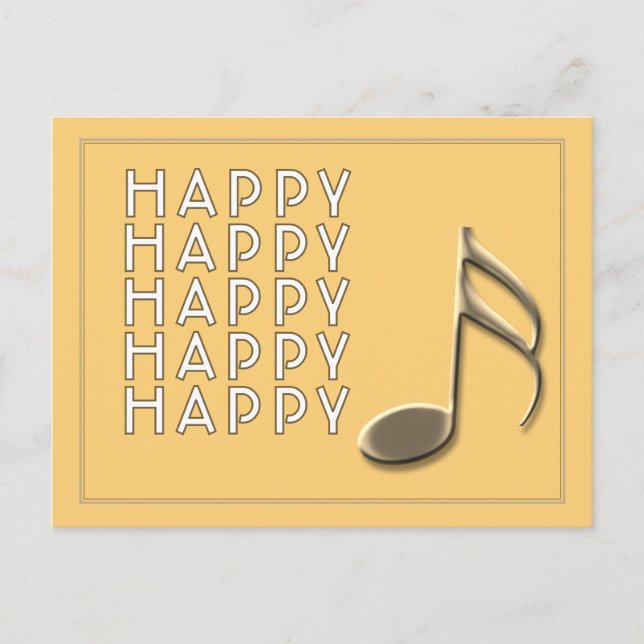 "Happy Note" Gold Music Note Black Postcard (Front)