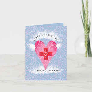Happy Nurses Day Blue Pink Heart Personalized Letterpress Thank You Card