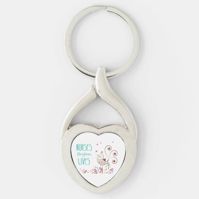 Happy Nurses Day, Cute Bird on Stripes Keychain (Front)