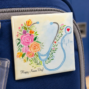 Happy Nurses Day Floral Stethoscope Appreciation Button