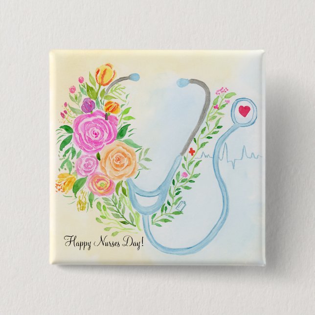 Happy Nurses Day Floral Stethoscope Appreciation Button (Front)