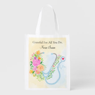 Happy Nurses Day Floral Stethoscope Appreciation Grocery Bag