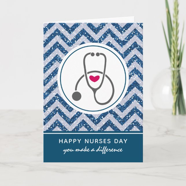 Happy Nurses Day Gray Stethoscope on Blue Chevron Card (Front)