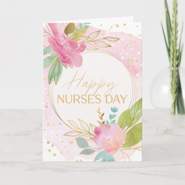 Happy Nurses Day Pink Florals Gold and Green Card (Front)