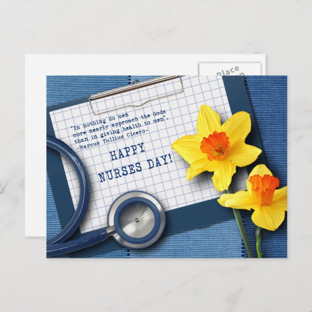 Happy Nurses Day. Spring Daffodils and Stethoscope Postcard (Front/Back)