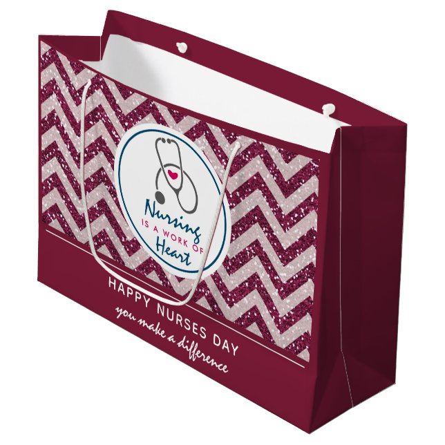 Happy Nurses Day Stethoscope on Red Chevron Large Gift Bag (Front Angled)