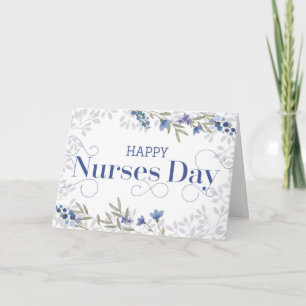 Happy Nurses Day - Swirly Text and Flowers - Blue Letterpress Thank You Card