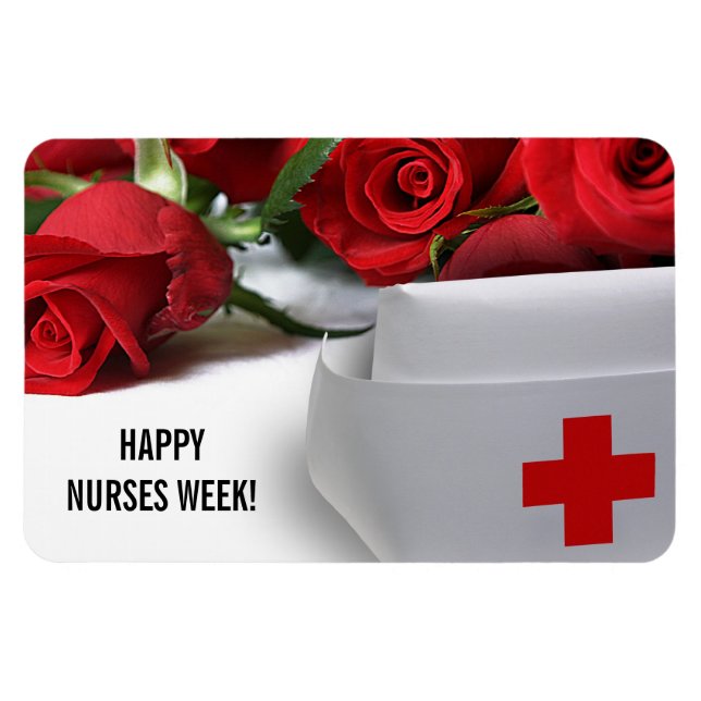 Happy Nurses Week. Red Roses and Nurse Cap  Magnet (Horizontal)