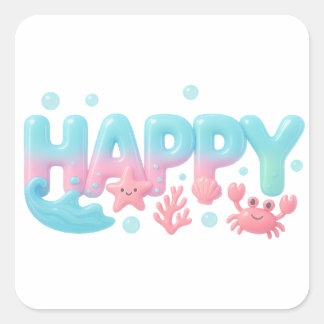 Happy Ocean Pastel Glossy Text Square Sticker
