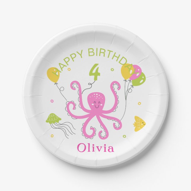 Happy Octopus Birthday Paper Plates (Front)