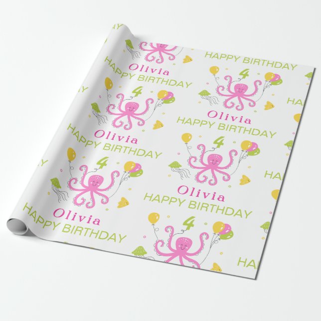 Happy Octopus Birthday Wrapping Paper (Unrolled)