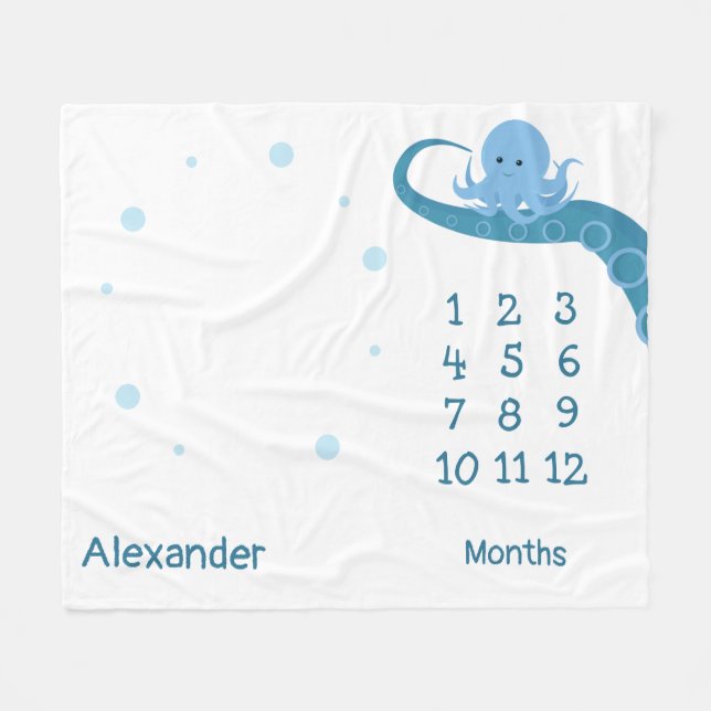 Happy Octopus White Blue Name Animal Milestone Fleece Blanket (Front (Horizontal))