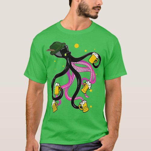 Happy Octopus With Beer German Hat Funny Oktoberfe T_Shirt
