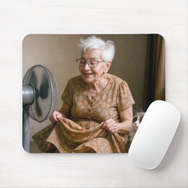 Happy Old Lady Cooling Off By a Fan Mouse Pad (With Mouse)
