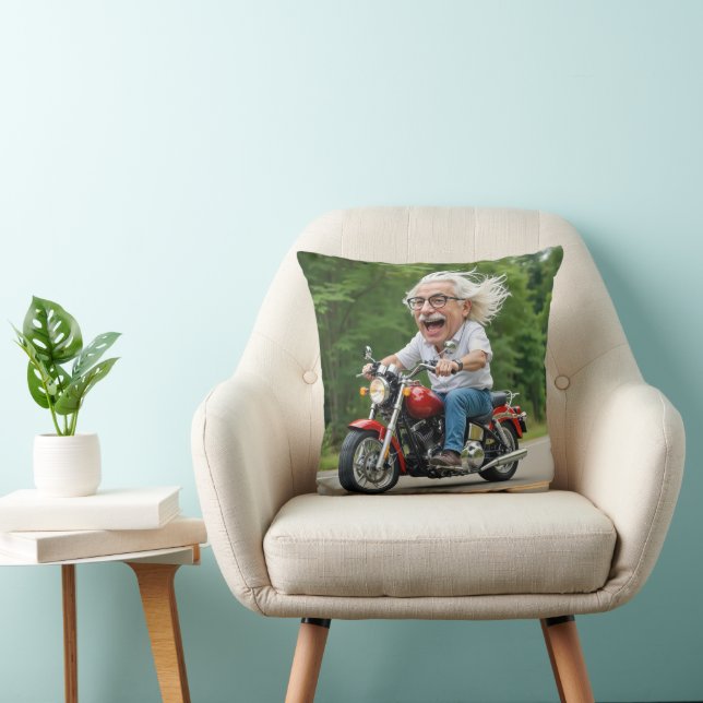 Happy Old Man On a Motorcycle Throw Pillow (Chair)