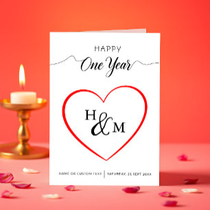 Happy One Year Elegant Monogram Heart Anniversary  Card