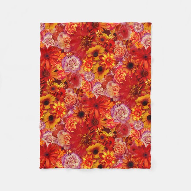 Happy Orange Flower Field Garden Fleece Blanket (Front)
