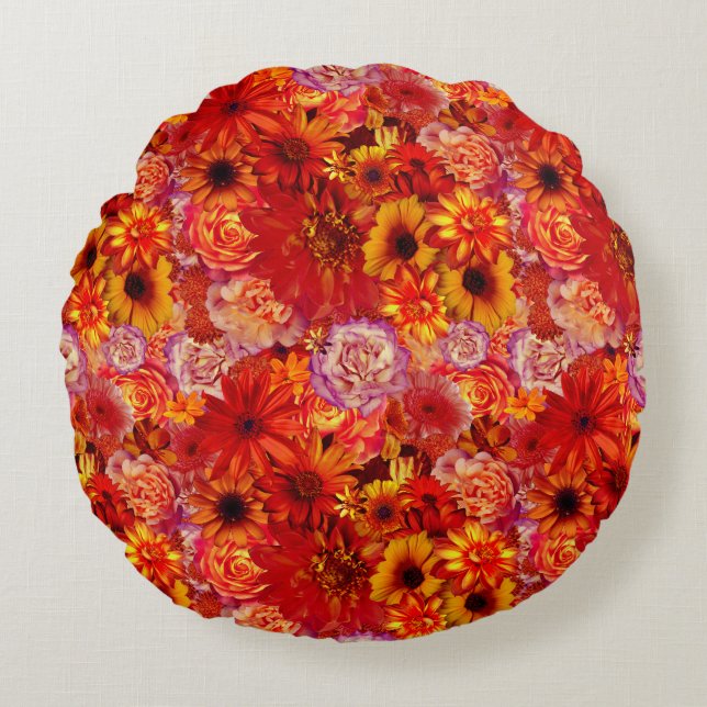 Happy Orange Flower Field Garden Round Pillow (Front)