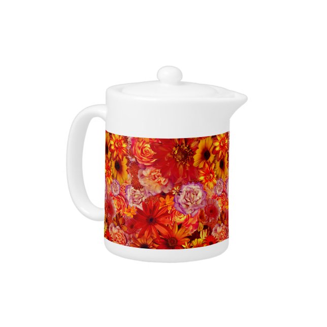 Happy Orange Flower Field Garden Teapot (Left)