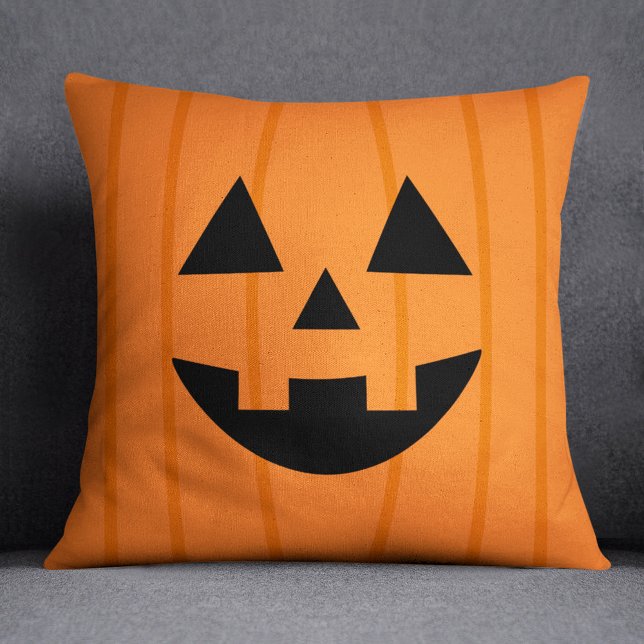 Happy Orange Pumpkin Smile Halloween Throw Pillow (Creator Uploaded)