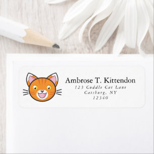Happy Orange Striped Tabby Kawaii Cartoon Cat Face Label