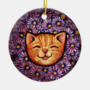 Happy Orange tabby Cat Ceramic Ornament