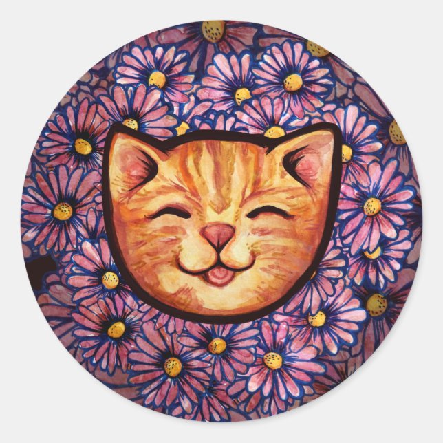 Happy Orange tabby Cat                             Classic Round Sticker (Front)