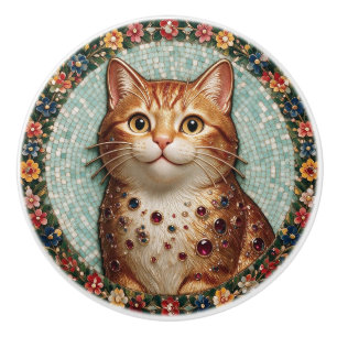 Happy Orange Tabby Cat Floral Mosaic Ceramic Knob