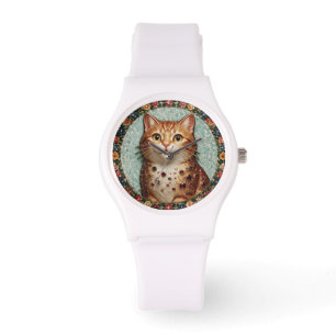 Happy Orange Tabby Cat Floral Mosaic Watch