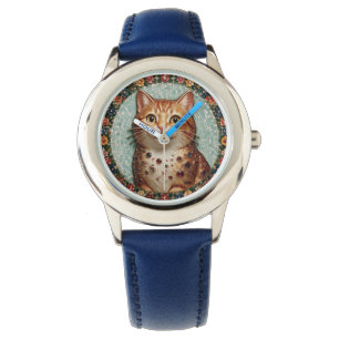 Happy Orange Tabby Cat Floral Mosaic Watch