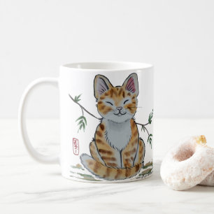 Happy Orange Tabby Cat Watercolor Oriental Style Coffee Mug