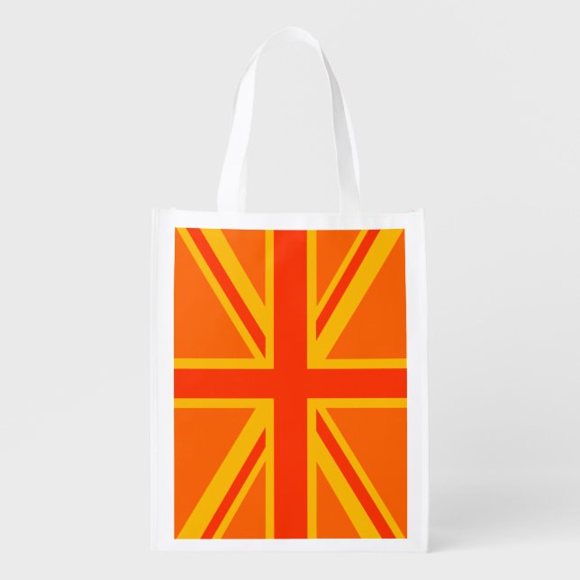 Happy Orange Union Jack British Flag Swag Grocery Bag (Front)