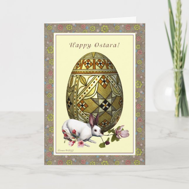 Happy Ostara - Vernal Equinox - Egg Hare Flowers Card (Front)