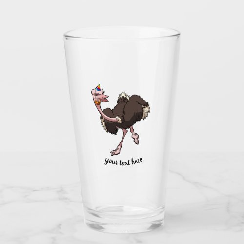 Happy Ostrich Dancing in Party Hat Cartoon Glass