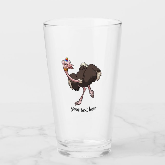 Happy Ostrich Dancing in Party Hat Cartoon Glass (Front)