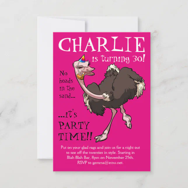 Happy Ostrich Dancing In Party Hat Cartoon Invitation Zazzle