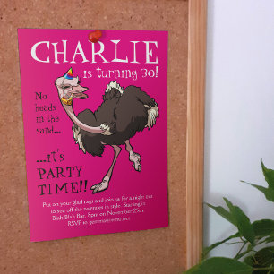 Happy Ostrich Dancing in Party Hat Cartoon Invitation