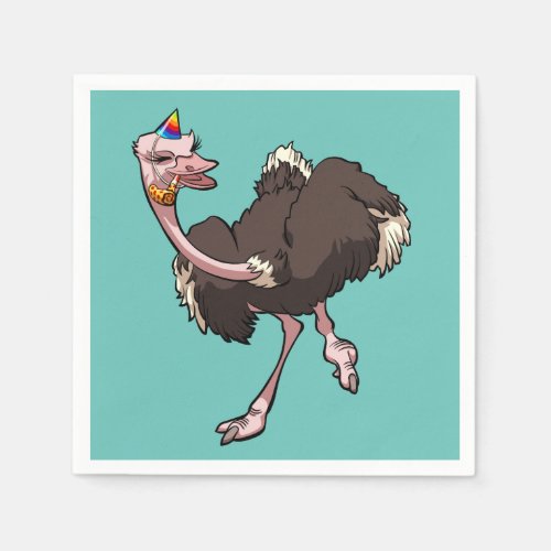 Happy Ostrich Dancing in Party Hat Cartoon Napkins